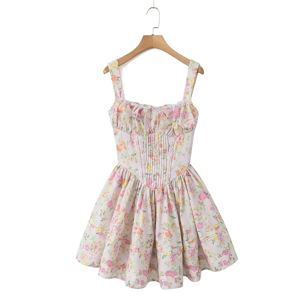 nvxiot Style 2024 Summer Women's New Fashionable Floral Print Pleated Patchwork Slim Fitting Suspender Dress