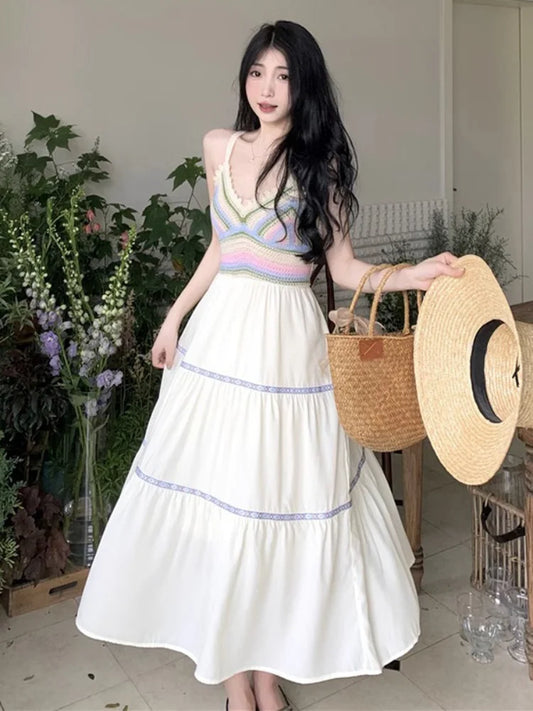 nvxiot  -  National Trend Pregnant Woman Summer Holiday Dress Sleeveless Knitted Striped Patchwork Chiffon Dress Maternity Beach Clothes