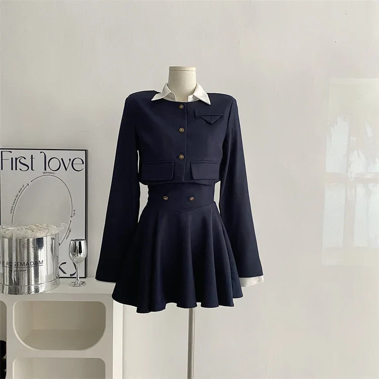 nvxiot Y2K 3 Piece Set Women Cropped Coat + Long Sleeve Shirt + High Waist Halter Ruffles Mini Dress Korean Chic Fashion Sexy Outfits