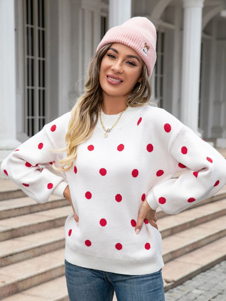 nvxiot Polka Dots O Neck Casual Sweater Women Autumn Winter White Casual Vintage Female Jumper Black Thick Retro Pullover