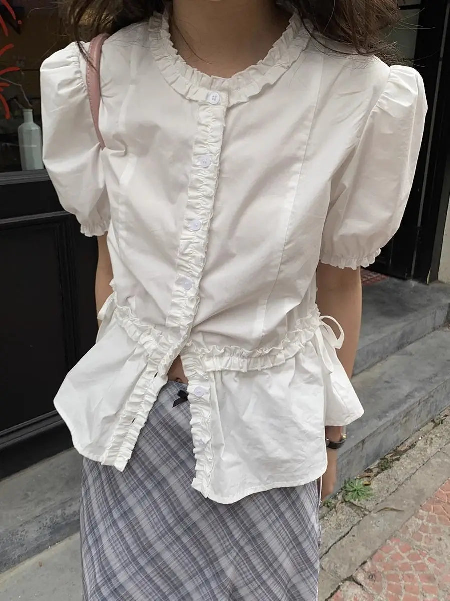 nvxiot  -   Fairycore White Blouse Women Short Sleeve Slimming Waist Shirts Feminina Ladies Cropped Tops Korean Fashion Chic New