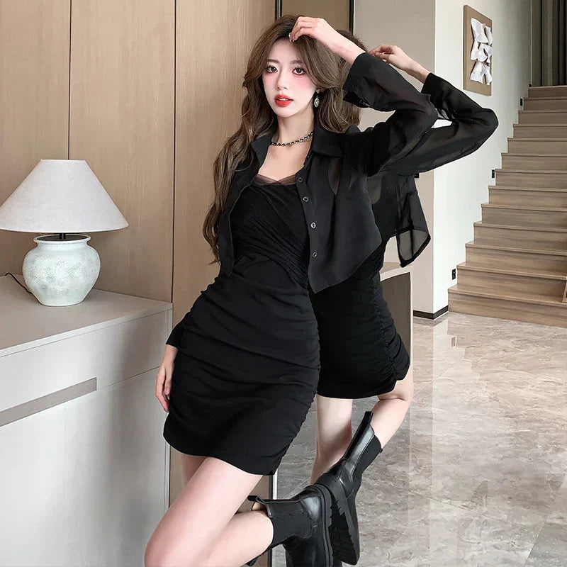 nvxiot-Elegant Slim Mesh Dress Women for 2023 Autumn Fashion with Black Sunscreen Cardigan Korean Office Lady Mini Dresses Long Sleeved