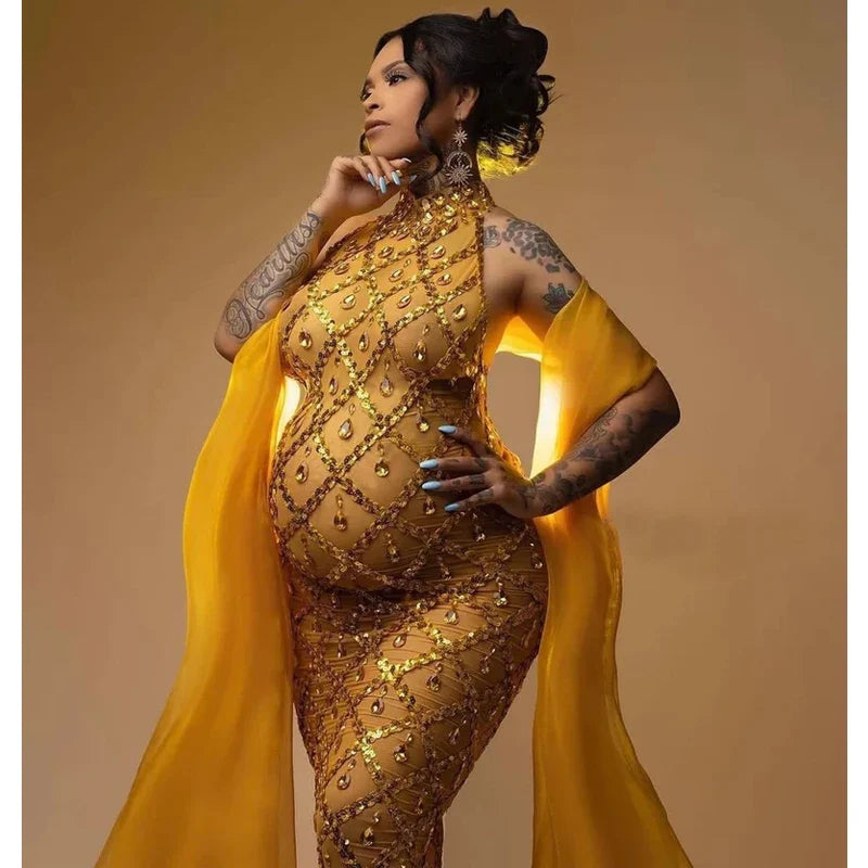 nvxiot  - Maternity Photography Sexy Shiny Goddess Bodysuit Rhinestone Maternity Dress For Photo Shoot