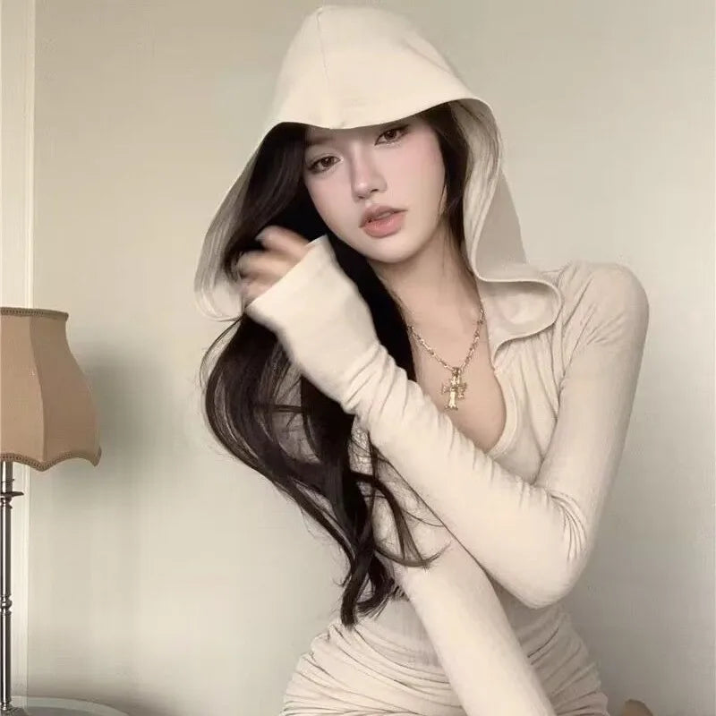 nvxiot-CLUB OUTFITS Hooded Dresses Women Retro Slim Sexy Club Hot Girl Party Mini Korean Style Stylish Ulzzang V-neck Fashion Y2k  High Street Ins