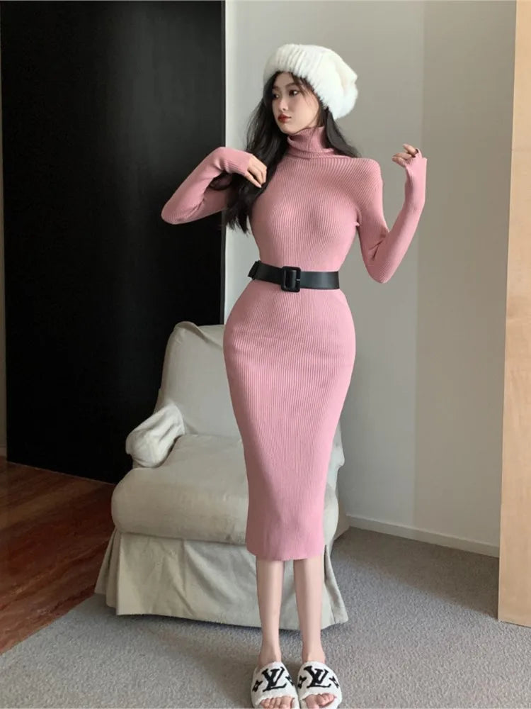 nvxiot autumn winter women solid elegant slim knitted dress korean long sleeve sweater dress office lady midi dress