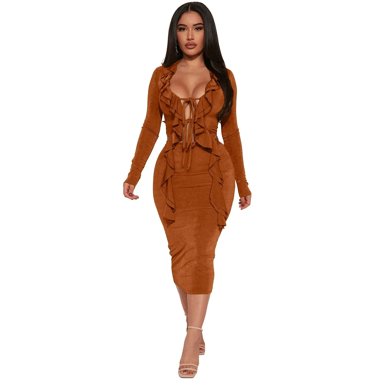 nvxiot  - Elegant Sexy Solid Ruffles 2 Piece Set Women Lace Up V Neck Long Sleeve Ribbon Shirt Crop Top High Waist Slim Bodycon Maxi Skirt