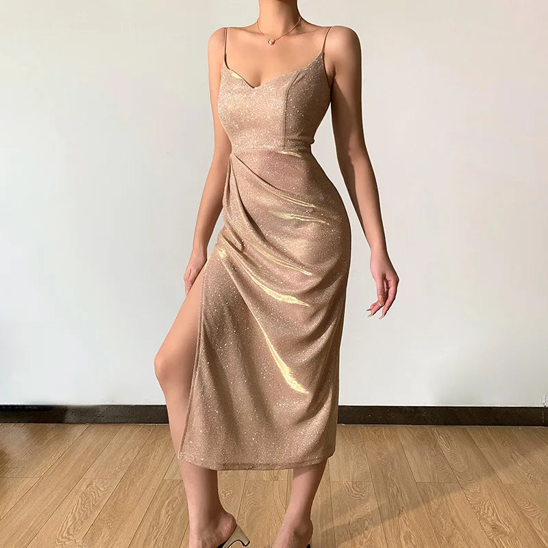 nvxiot  -  2024 Spring/Summer New Sexy Sparkling Pink Slim Fit Dress with Hanging Straps Women's Fashion Style Split Long Dress