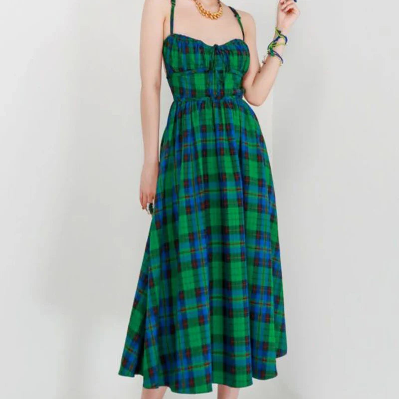 nvxiot  - Vintage Green Plaid Dresses Women Midi Sexy Backless Beach French Victorian Dress Retro Elegant Lace-up Long Strap Dress