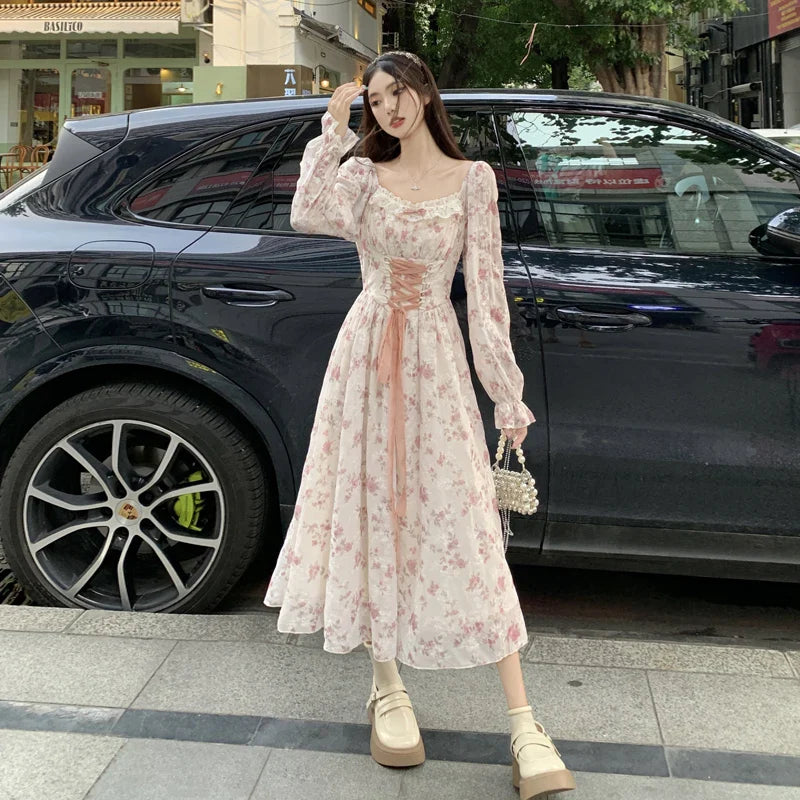 nvxiot  -  2024 Large Spring French Vintage Sweet Fragmented Flowers High Waist Slimming Chiffon Embroidered Dress Long sleeved Long Skirt