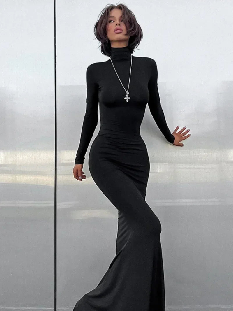 nvxiot Fashion Turtleneck Long Sleeve Slim Fit Long Dresses for Women 2024 Elegant Female High Waist Bodycon Solid Office Work Dress