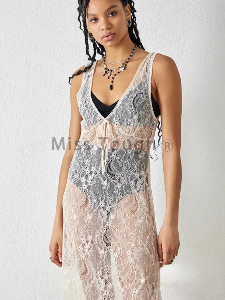 nvxiot stylish dress Sexy Hollow Out Elegant 2024 Summer Dresses Women White Lace Floral Club Night Party Midi Dress Female Deep V-neck Chic Clothes