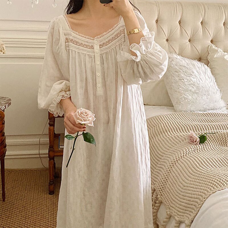 nvxiot Kawaii Women's Nightdress Long Sleeve Summer Spring Ladies Homewear Lace Square Collar Korean Style Nightwear For Female