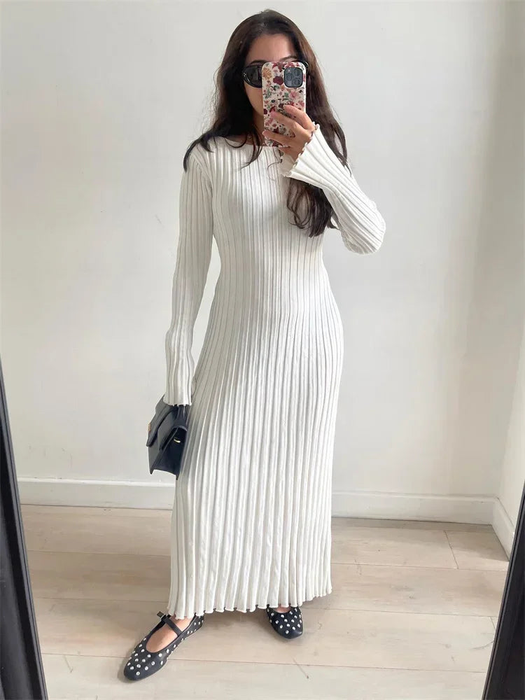 nvxiot Lace-Up Female Knit Maxi Dress Autumn High Waist Fashion Patchwork Long Sleeve Loose Solid Dress Bandage Knitwear Dress