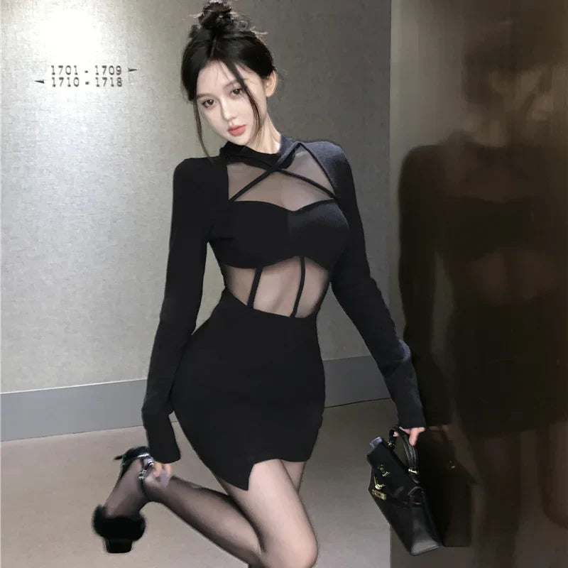 nvxiot-CLUB OUTFITS Long Sleeve Dresses Women Halter Elegant Black Sexy Slit Fashion Skinny Spring Hotsweet Sheer European Style Ankle-length Party