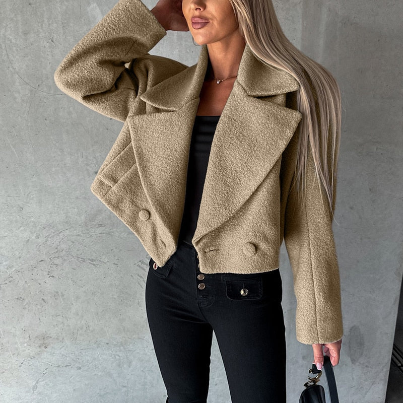 nvxiot Winter Elegant Button Solid Office Outwear Trend Wool Turn-down Collar Coats Autumn Women Casual Long Sleeve Woolen Jackets Top