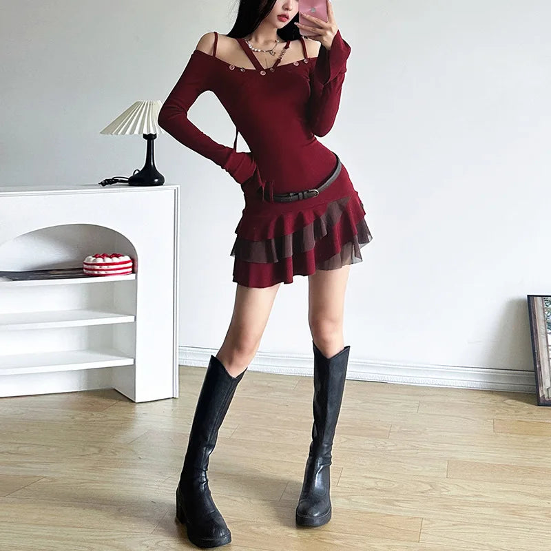 nvxiot  - Sexy Slash Neck Dress Women Slim Y2k Long Sleeved Knitted Short Dress Spicy Girl Off Shoulder Ruffled Red Vestidos Streetwear