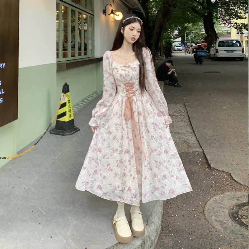 nvxiot  -  2024 Large Spring French Vintage Sweet Fragmented Flowers High Waist Slimming Chiffon Embroidered Dress Long sleeved Long Skirt