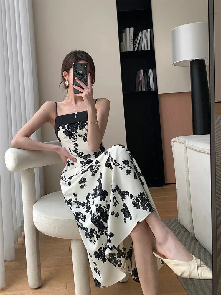 nvxiot-New Summer 2023 Long Print Dress for Women Korean Elegant Fashion Sexy Sleeveless Spaghetti Strap Evening Female Clothes