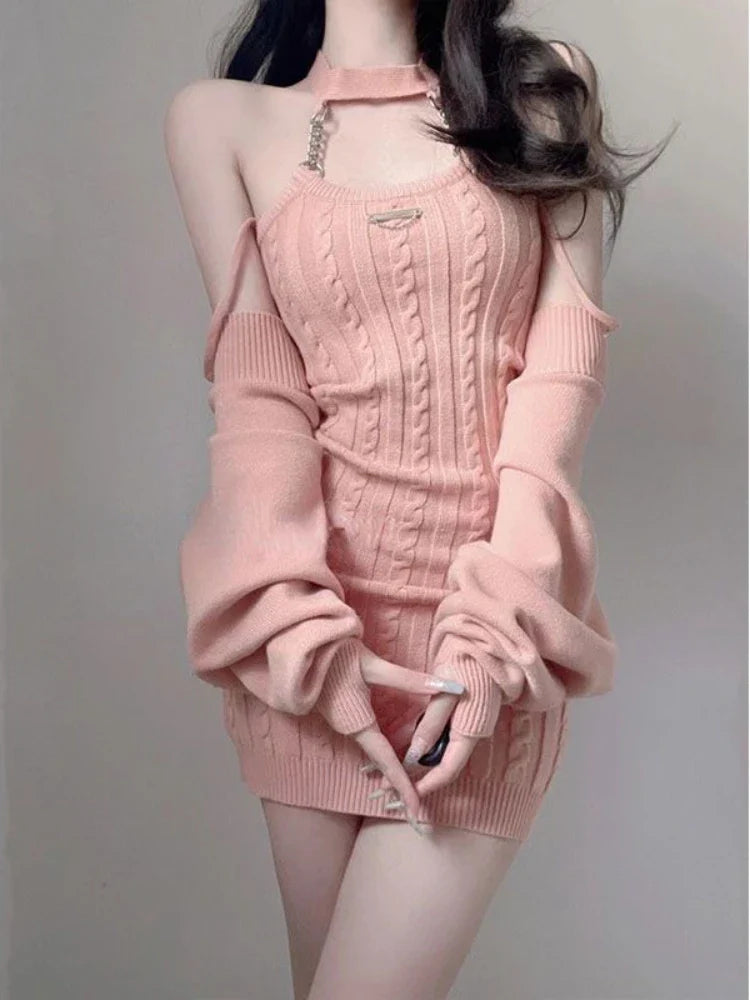 nvxiot 2024 Autumn Pink Knitted Suits Office Lady Casual Y2k Crop Tops + Mini Dress Korea Fashion Clothing Even Party 2 Piece Dress Set