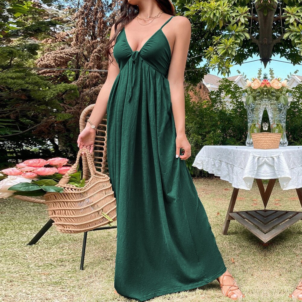 nvxiot 2023 women's new resort style beach long dress sexy backless waist A-line slip dress