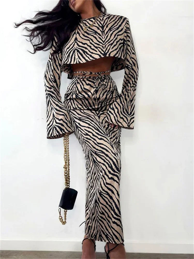 nvxiot  -  Zebra Printed 2 Piece-Set Long Skirt For Women Striped Lace-Up Cropped Top And High Waist Fashion Maxi Skirt Outfits 2024
