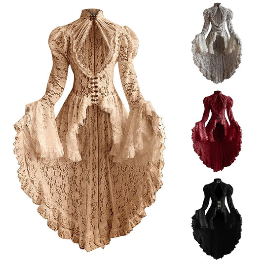 nvxiot  -  Gothic Lolita Dress Vintage Lace Patchwork Ruffle Hem Dress Punk Bell Sleeves See Through Dresses Princess Court Costumes