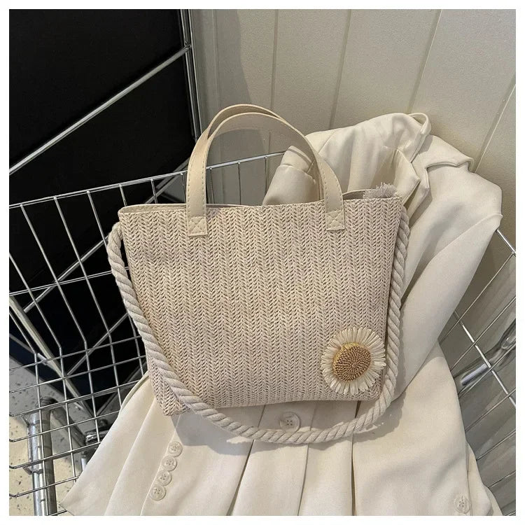 nvxiot Small clear fashion flower woven shoulder bag  retro minimalist square bag woven vegetable basket bag