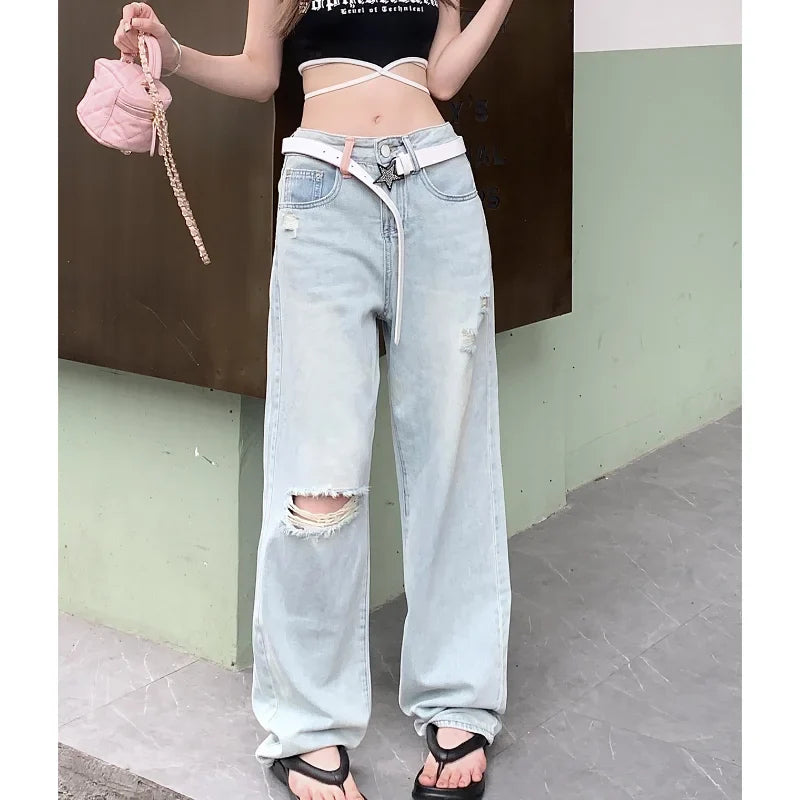 nvxiot Streetwear Hollow Hole Loose Casual Jeans Women Y2K Summer New High Waist Fashion Distressed Washed Wide Leg Pants