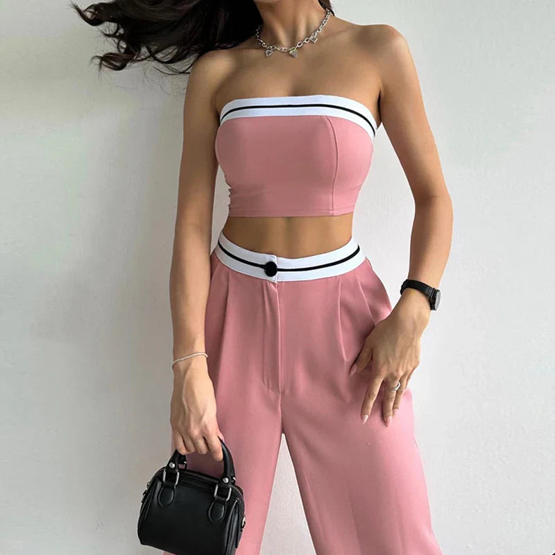 nvxiot Women Matching Colors Patchwork Strapless Crop Top Wide Leg Pants Two Piece Set Summer Elegant Ladies High Waist Trousers Suits