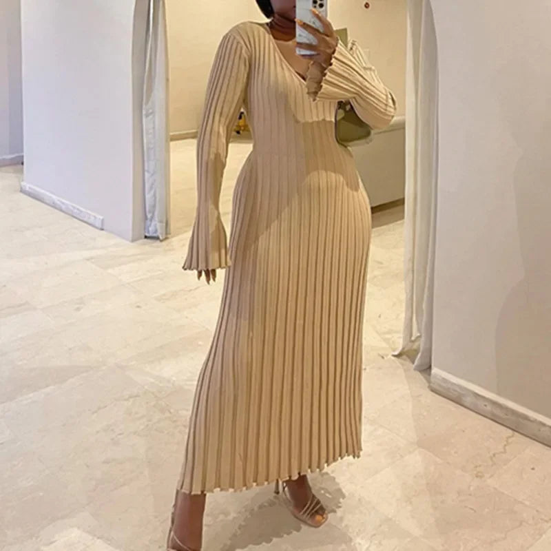 MQTIME  -  Maternity Women Ribbed Knit Maxi Dress Long Sleeve V Neck Slim Fit Bodycon Pencil Long Dress Party Clubwear Baby Show