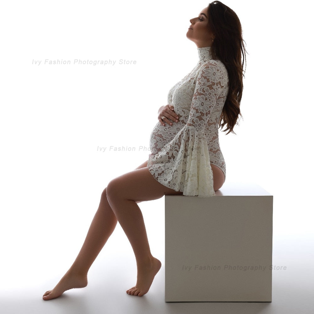 nvxiot Maternity Dress For Photo Shoot Pagoda Sleeve For Pregnant Women Sexy Stretch Lace Pregnancy Size Jumpsuit Photo Shoot Bodysuit