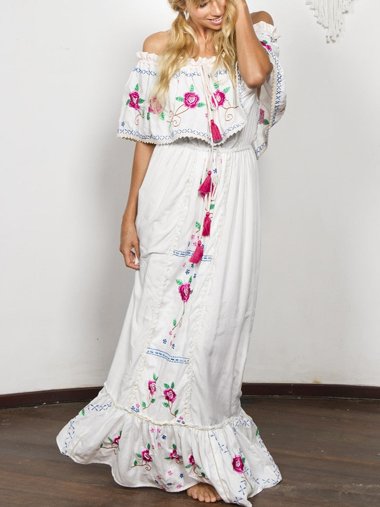 nvxiot  White Boho Floral Embroidered Maxi Dress Off The Shoulder Summer Chic Women Dress Cotton Ladies Holiday Dress Vestidos