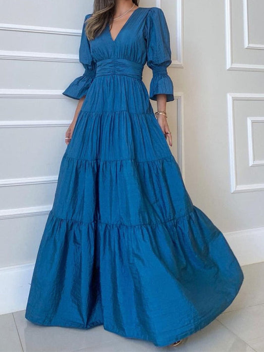 nvxiot Summer Dress Women Fashion Elegant Party Solid French Long Dresses Puff Sleeve Streetwear Women Clothing V-Neck A-LINE