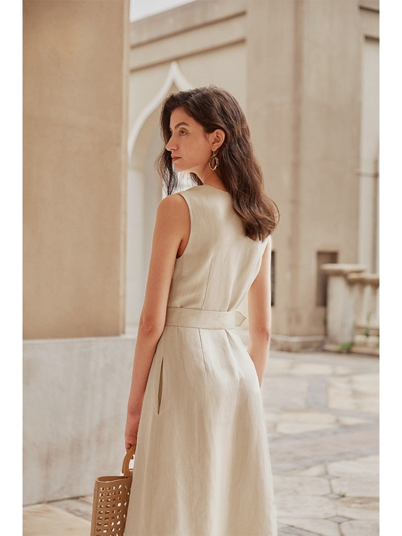 nvxiot Apricot Sashes High-end Long Dresses for Women 2023 Spring Summer Elegant  Office Lady Sleeveless Pockets A-Line Button Dress