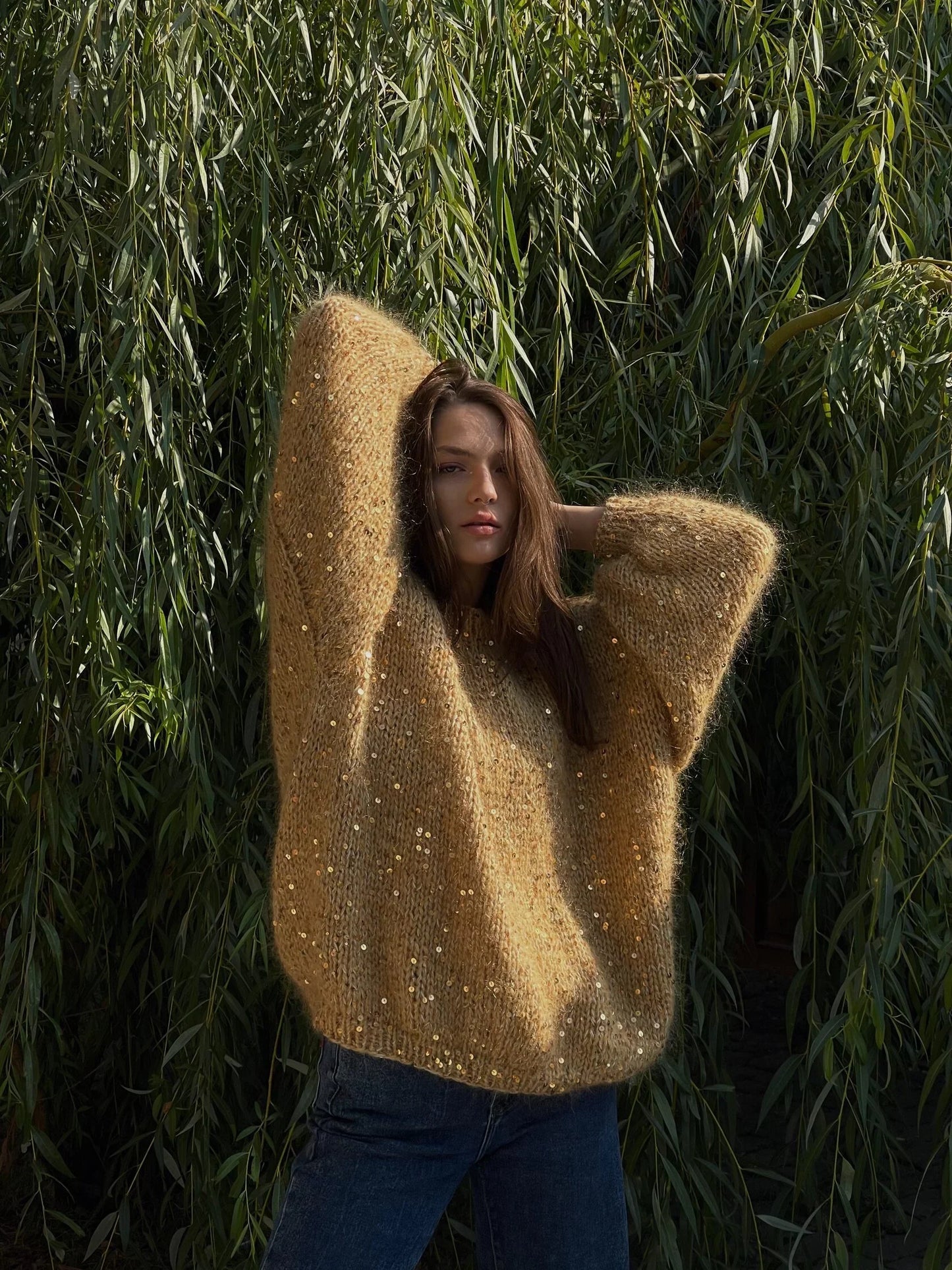 nvxiot Female Chic Sequins Solid Knitted Sweater Autumn O-neck Lantern Sleeve Loose Pullover Jumper Women Fashion Loose Warm Knitwear