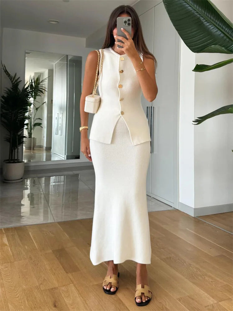 nvxiot  -  Fall Outfits 2024 Knitwear Fashion 2 Piece-Set Maxi Skirt Women's Sleeveless Patchwork Cardigan Top And High Waist Long Skirt Sets Female