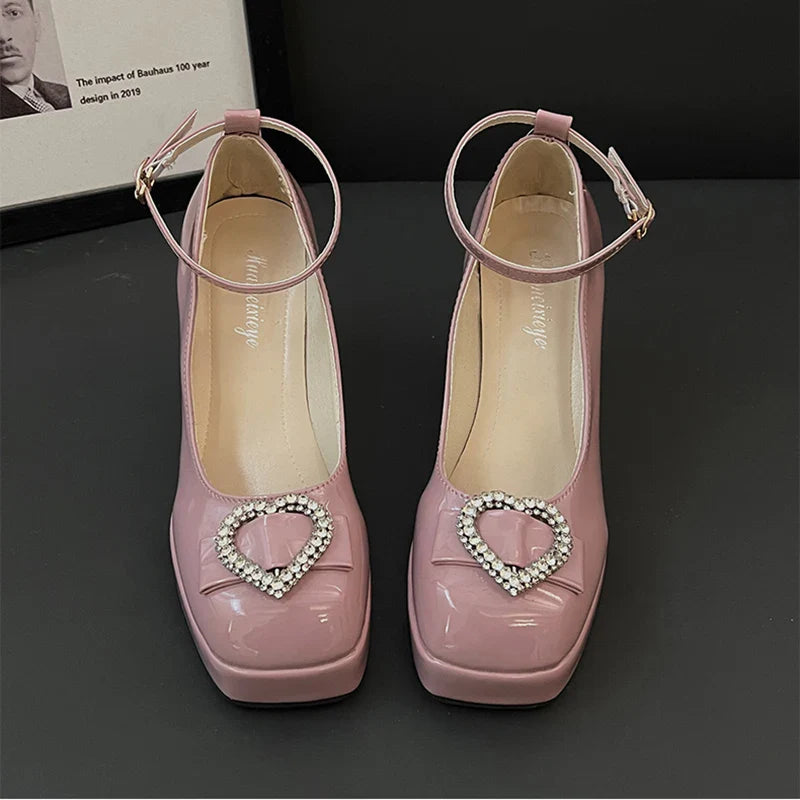 nvxiot  -  New Mary Jane Shoes Women Square Toe High Heels Shoes Lolita Pink Pumps Fashion Ankle Strap Sandals Ladies Elegant Shoes