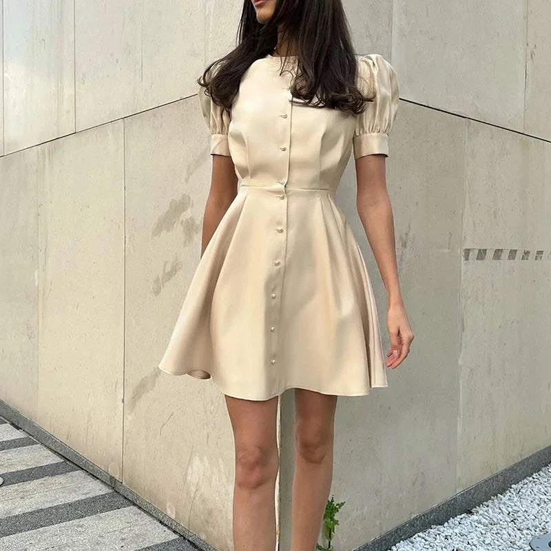 nvxiot Ladies O-Neck Peal Buttons High Street Mini Dress Women Elegant Slim Waist A-Line Dresses Fashion Summer Puff Sleeve Solid Dress