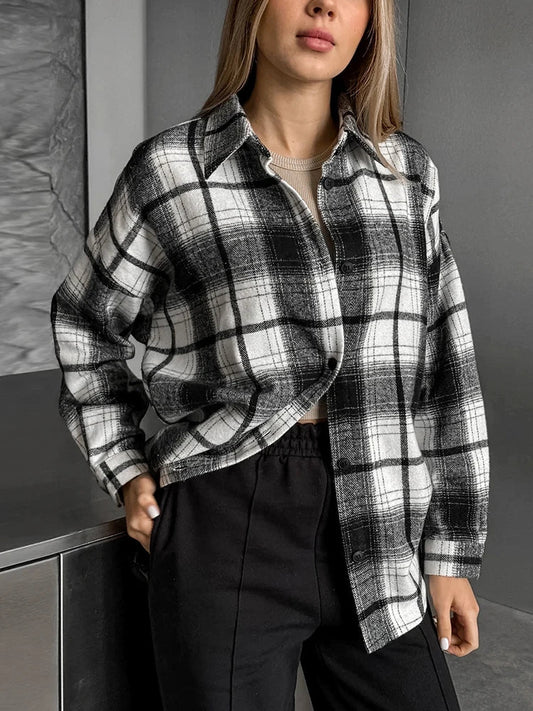 nvxiot  -  2024 Women Autumn Winter Black Plaid Thick Shirt Vintage Oversized Long Sleeve Loose Fit Blouse For Woman