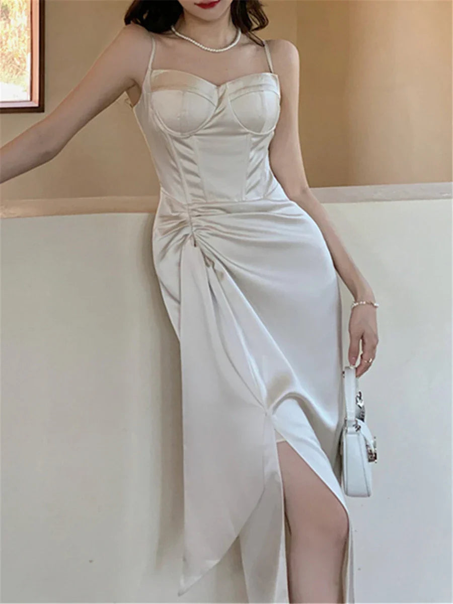 nvxiot-Elegant Vintage Midi Dresses for Women Sleeveless Fashion Spli Solid Square Collar Spaghetti Strap Party Dress New Summer 2024