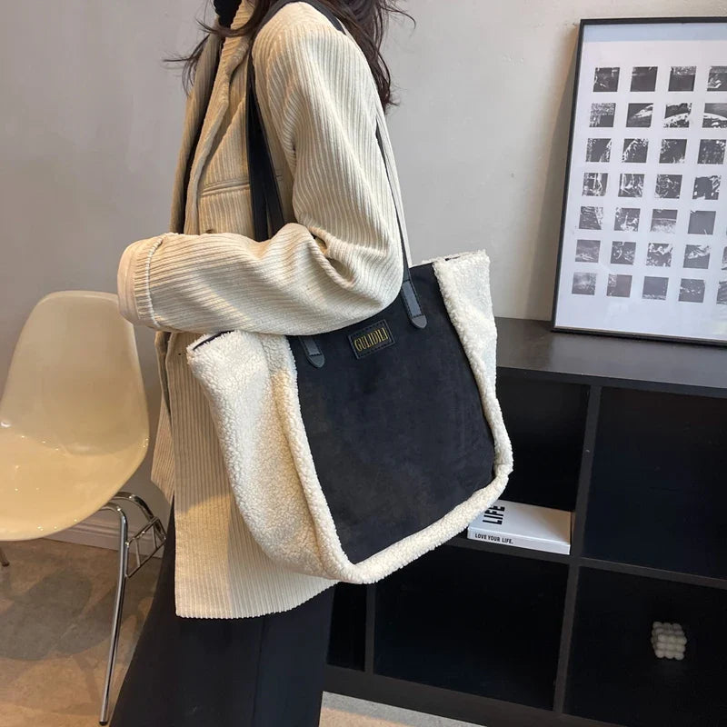 nvxiot Lamb Wool Plush Large Tote Bags For Women Trendy Faux Fur Suede Shoulder Bag Woman Designer Color Contrast Shopping Handbags