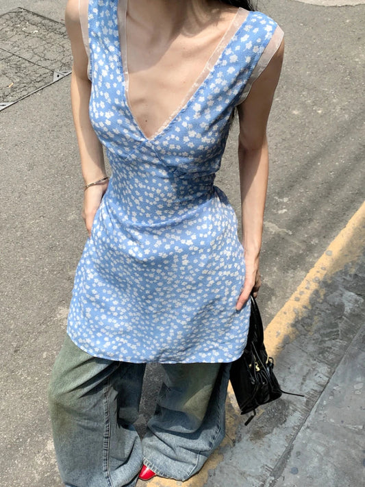 nvxiot  -  Floral Print Plunging Neckline Tank Dress with Lace Patchwork Blue Above Knee Mini Dress for Women Y2k Slim Sexy Clothes