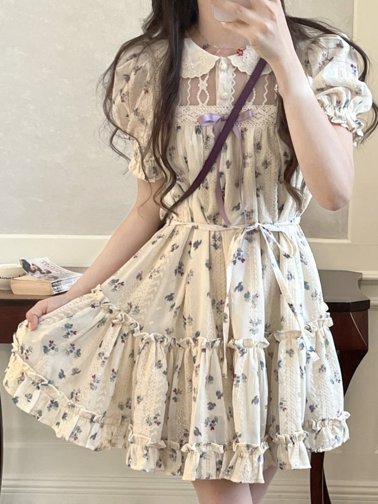 nvxiot  Floral Print French Elegant Dress Women Chiffon Japanese Sweet Party Mini Dress Female Korean Kawaii Puff Sleeve Dress  New