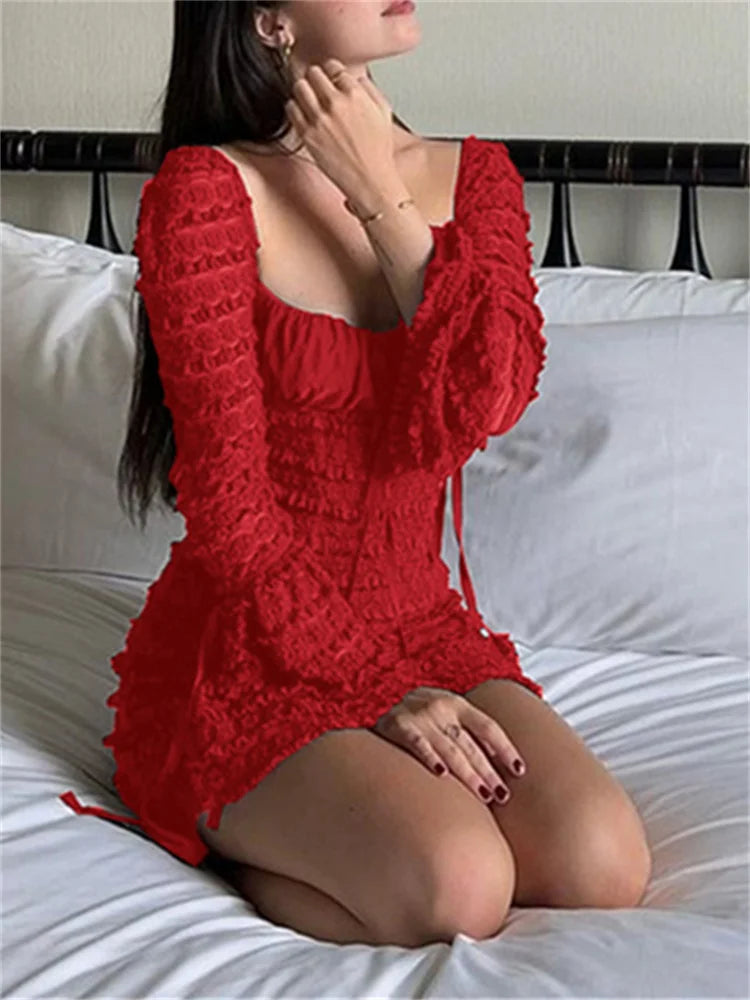 nvxiot - Solid Dresses for Women New Fashion Vintage Loose Square Collar Long Sleeve Elegant Dress Casual Lace Up Backless Dress