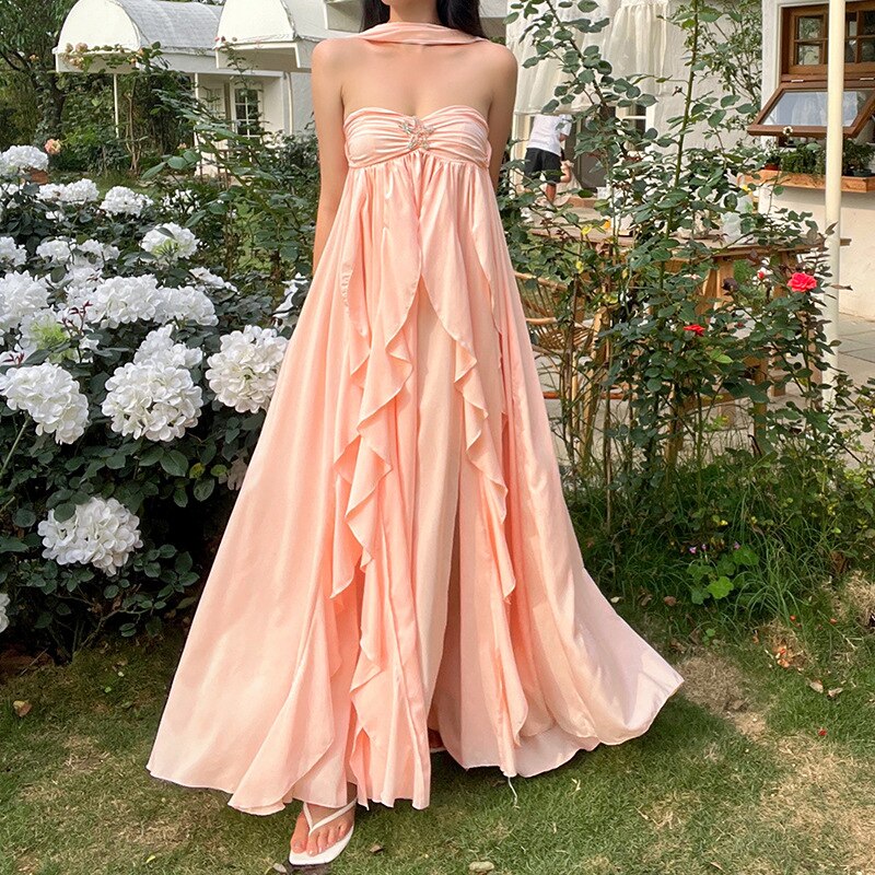 nvxiot Y2K Ruffles Fairy Dress Women Pink Mesh Strapless Maxi Dress Summer Irregular Sexy Backless Party Dress 2023 Summer Beach Outfit