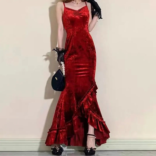 nvxiot Vintage Elegant Women Spaghetti Strap Sexy Prom Dress Strapless Bodycon Slim Red Dinner Party Long Dresses  Female Summer