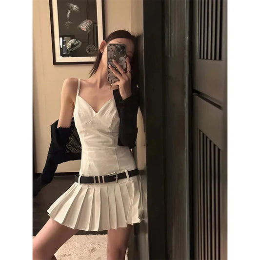 nvxiot Y2K Belt Mini Dress Women Sexy Spaghetti Strap One Pieces Pleated Dresses Korean Party Prom Black White Bodycon Vestidos