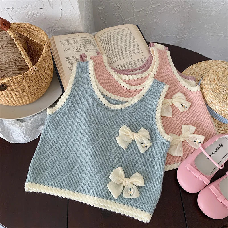 MQTIME  -  2024 Spring Children Girl Vest Korean Knotbow Toddler Girl Sweater Tank Top Spliced Loose Knitted Sleeveless Baby Girl Pullovers