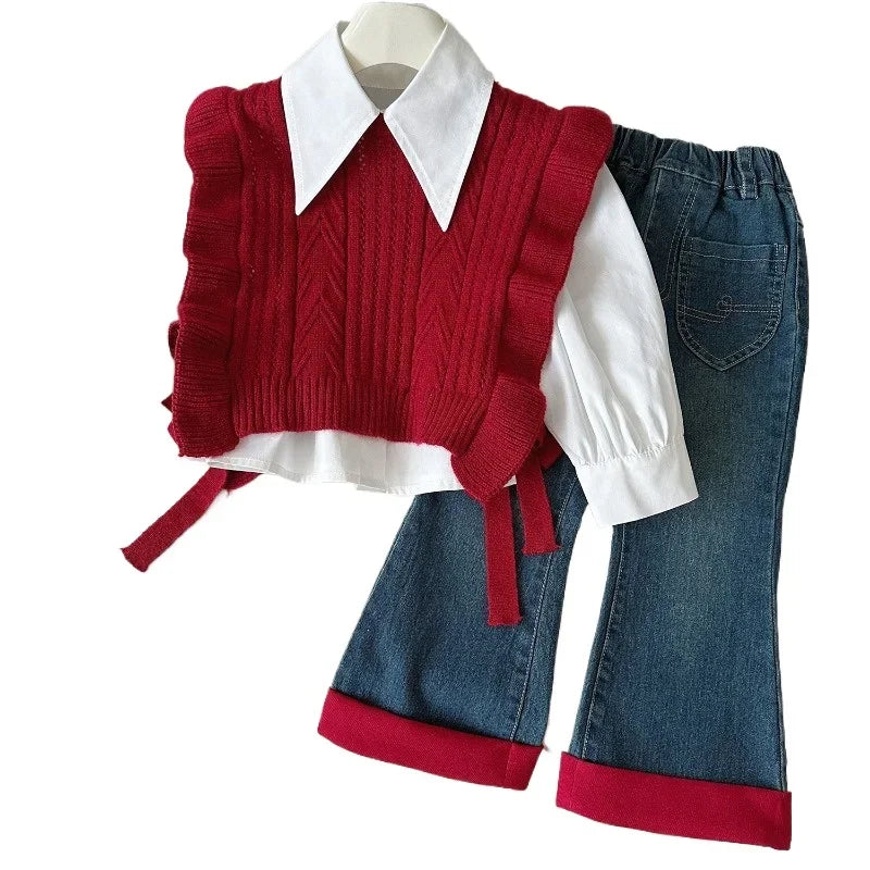 MQTIME  -  3Pcs Girls Suits Autumn Winter Long Sleeve Shirt+Knitted Sweaters Vest+Jeans Children Casual Costumes Toddler Girl Outfits Set