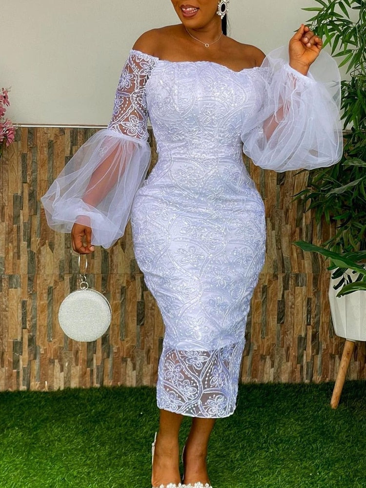 nvxiot Large Size 4XL Sexy Lace Dress Women Off Shoulder Puffy Robe Mesh Sleeve Backless White Midi Party Bridesmaids Wedding Vestidos